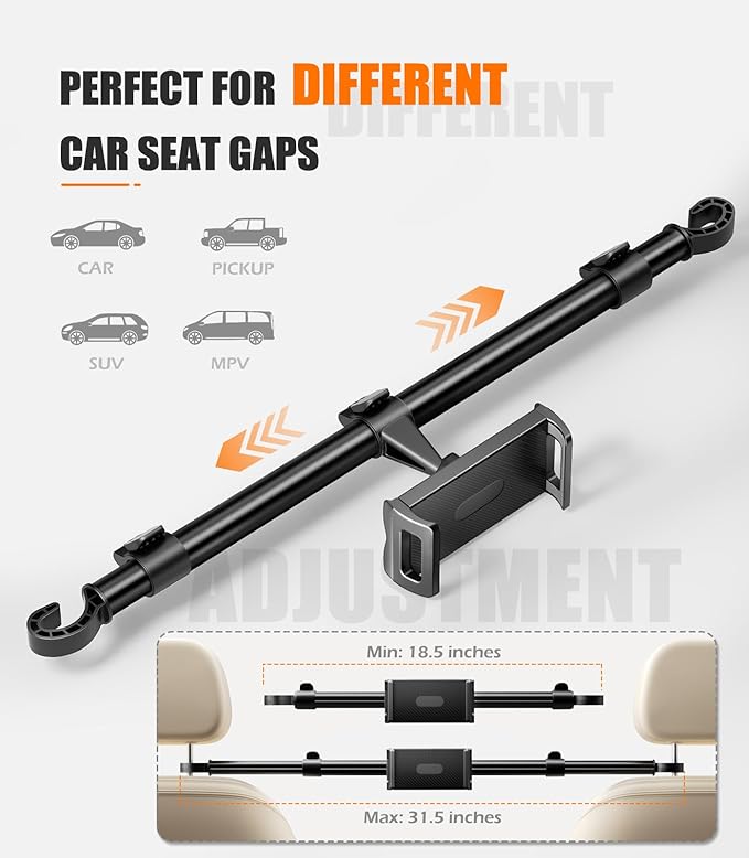 Car Headrest Tablet Holder [Dual-Clamp Stability][360° Adjustable] Back Seat iPad Mount for Kids Road Trip, Compatible with 4.5–16.5" iPad Pro/Air/Mini, Galaxy Tab, Kindle Fire, Switch