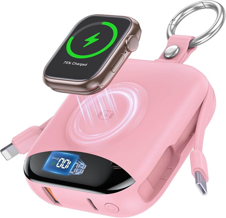 citicr Portable Charger, 10000mAh 22.5W Fast Charging Power Bank with Built-in Cables, Travel Battery Pack with LED Display for iPhone, Portable iWatch Charger for 11/10/9/8/7/6/5/4/SE/Ultra Pink