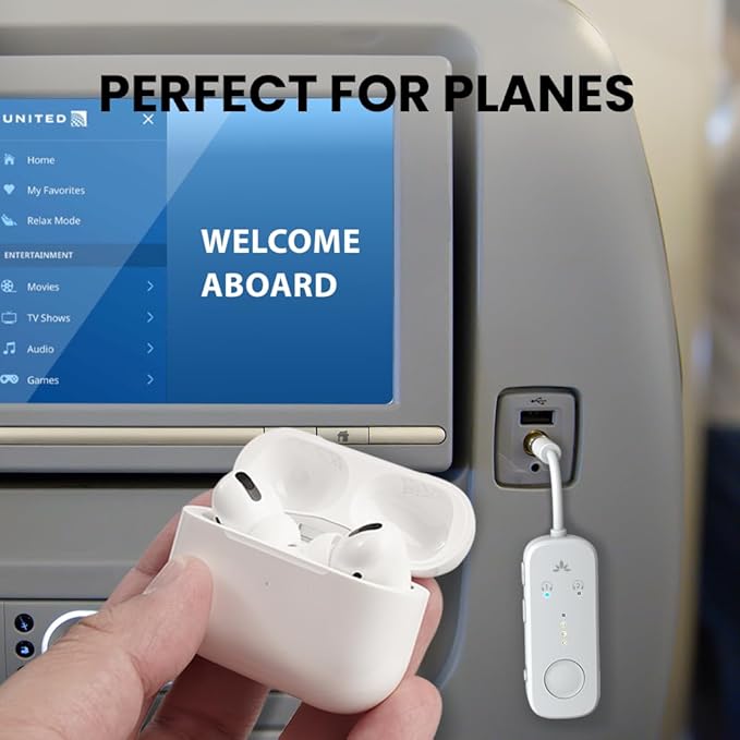 Avantree Relay – Airplane Bluetooth Adapter for AirPods, Bose & Wireless Headphones, Qualcomm Chip, aptX Adaptive & HD Audio Transmitter, 25Hrs Battery, 3.5mm AUX for Flight, Travel & Gym