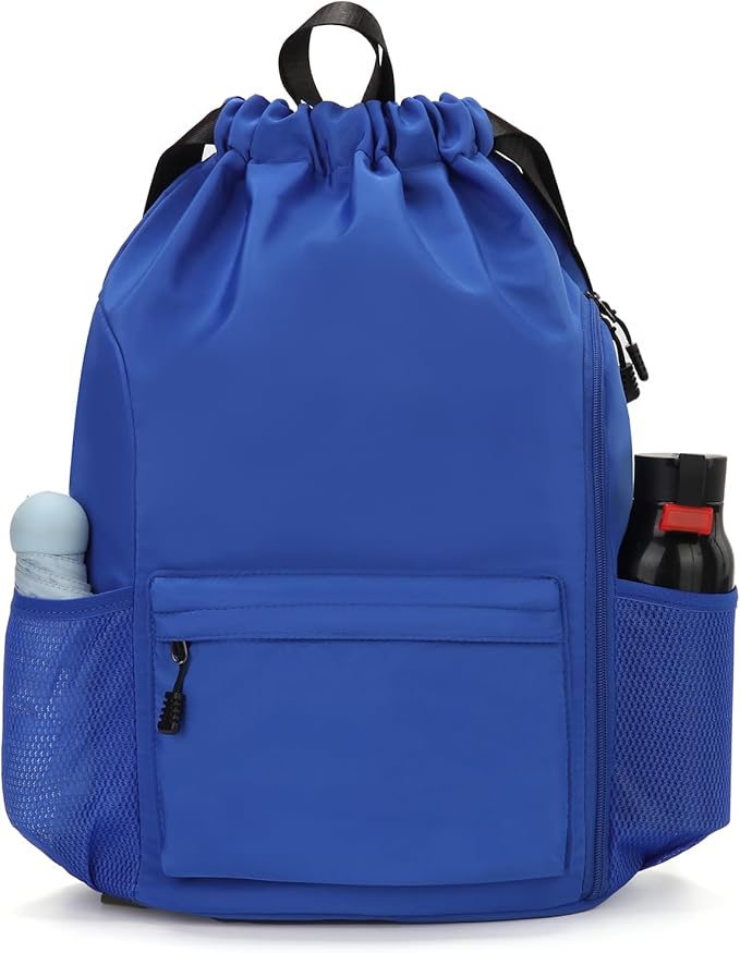 Valleycomfy Waterproof Drawstring Gym Backpack Bag for Men & Women,Sports Gym Bag with Side Pocket Blue