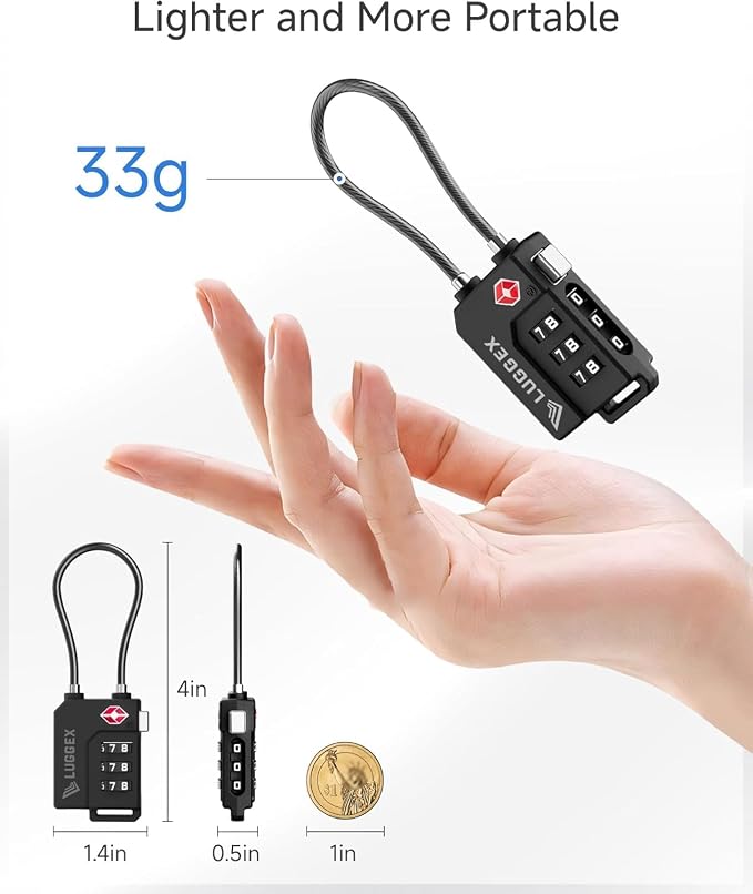 LUGGEX TSA Locks for Luggage, Suitcase Locks TSA Approved, Luggage Locks, Gift Box, Ease of Use & Durable(Black,2 Pack)