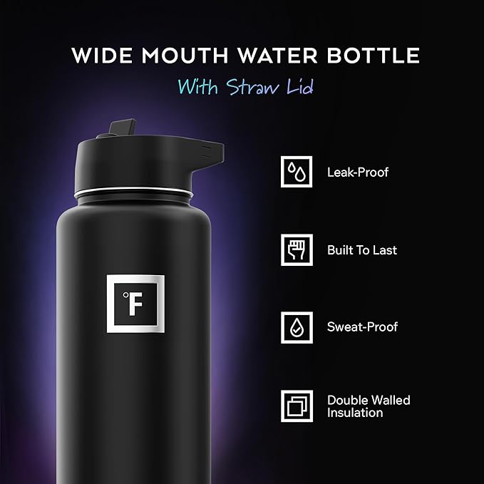 IRON °FLASK Camping & Hiking Hydration Flask with Straw, Wide Mouth Insulated Stainless Steel Sports Water Bottle - 40 oz Fire Red
