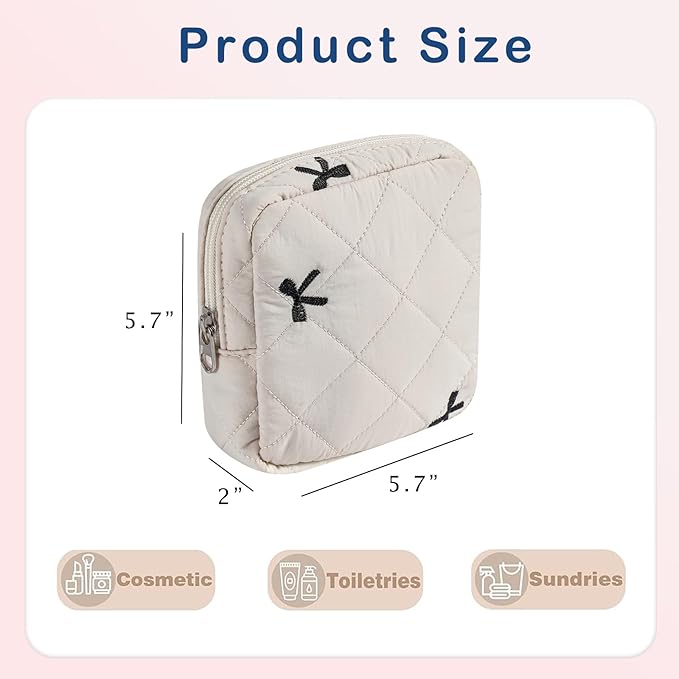 RSRSLEII Small Quilted Cosmetic Pouch for Purse, Mini Cotton Makeup Bag with Compartments, Cute Zipper Lipstick Holder for Women (06Beige Bow)