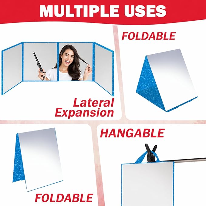 Foldable Full Length Mirror, 2 in 1 Hangable & Tabletop Acrylic Mirror, Portable Travel Mirror with Handle for Dance Bedroom Wardrobe Stage Makeup Checks Camping Outdoor Use (47" x 12.5", Tri-Fold)
