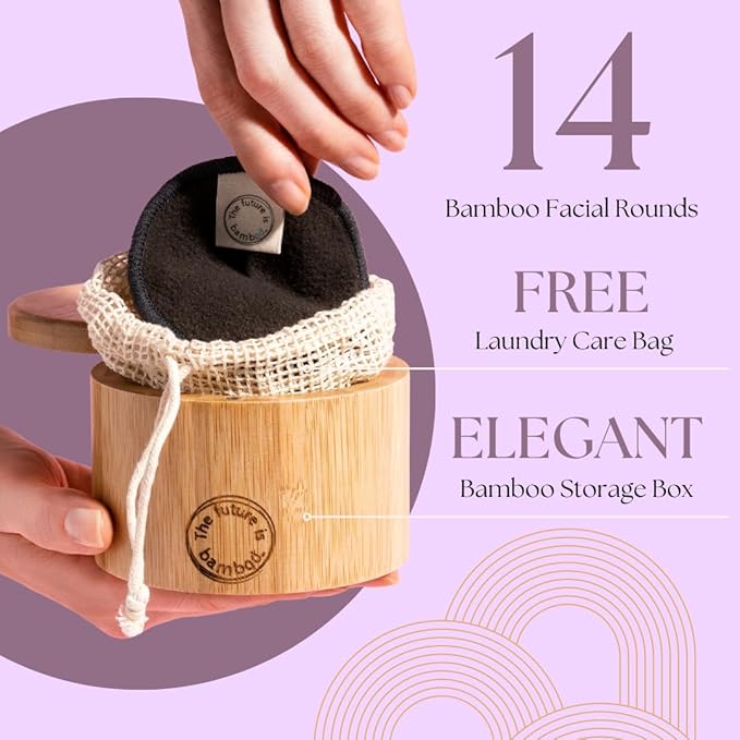 14 pcs Reusable Makeup Remover Pads | with Washable Laundry Mini Cotton Beauty Bag, Soft Reusable Face Pad for Facial Cleansing Wipes Skincare Set in Bamboo Holder for Storage of Cleansing Wipes