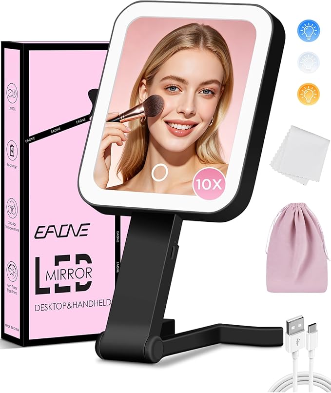 EAONE Magnifying Mirror with LED Light, Double Sided Travel Makeup Mirror 10X/1X with Storage Bag, 3 Color Lighting & Dimmable Touch Screen for Trip, Desk, Bathroom (10.3 x 5.2IN)- Black