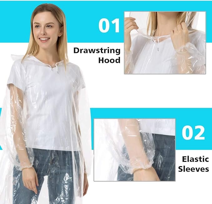 Disposable Rain Ponchos Family Pack Emergency Waterproof Clear Ponchos with Hood Disposable Raincoat 10 Pack (5 Adult 5 Kids)