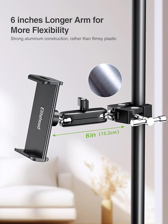 elitehood Aluminum Dual Ball Head Tablet Holder for Mic Stand, Adjustable iPad Mic Stand Holder, Strong Metal iPad Clamp Mount for Aircraft Yoke, Loader, Tractor, Boat, Wheelchair, Stroller, Treadmill
