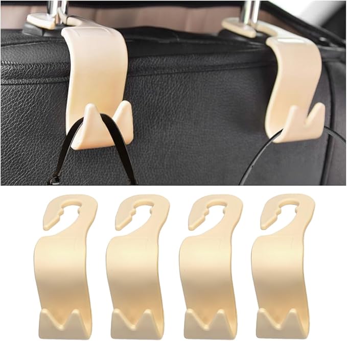 Car Seat Headrest Hook, 4PCS Vehicle Seat Back Storage Hanger for Handbag Purse Grocery, Automotive Interior Organization Holder Hook, Universal for SUV, Truck, RV (Beige)