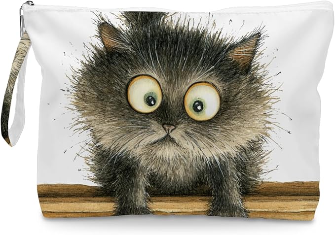 Fokongna Cute Print Wet Bag, Small Portable Waterproof Multi-Functional Organizer for Women, Brown Wooden Plank Grey Cat, Ideal for Daily, Beach & Travel