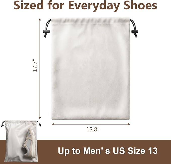 MERKFO Shoe Bags for Travel, 6 Pack Flannel Travel Shoe Bags for Luggage, Large Drawstring Shoe Dust Bags for Packing Shoes, Closet Storage, Fits Up to Men's Size 13, Beige