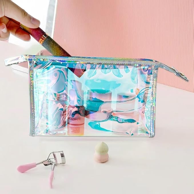 Green Transparent Laser Cosmetic Bag Iridescent Holographic Waterproof PVC Makeup Organizer Bag for Women (Pink+White)