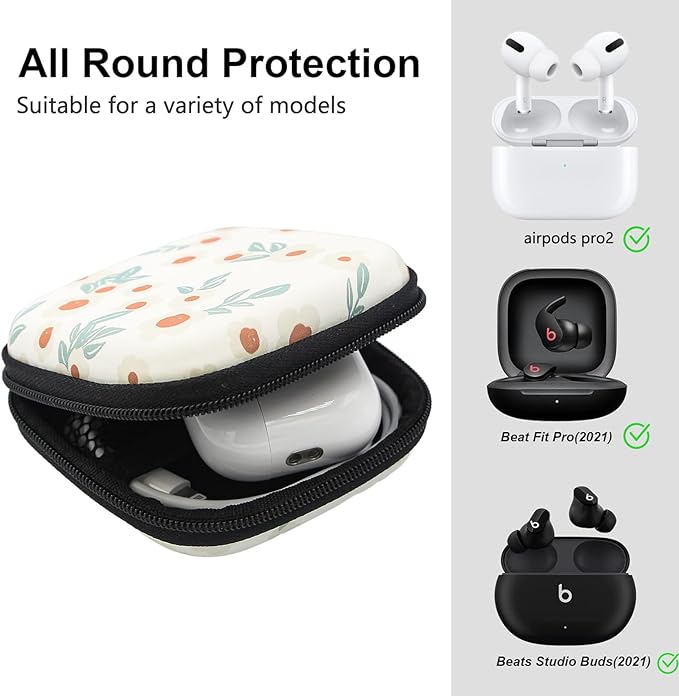 Earbud Case,Headphone Organizer Earbud Storage Bag, Hard EVA Shockproof Cover Carrying Case with Carabiner Clip Compatible with AirPods 4 AirPods Pro 2nd /3/2/1 Bose Galaxy (Small Flower)