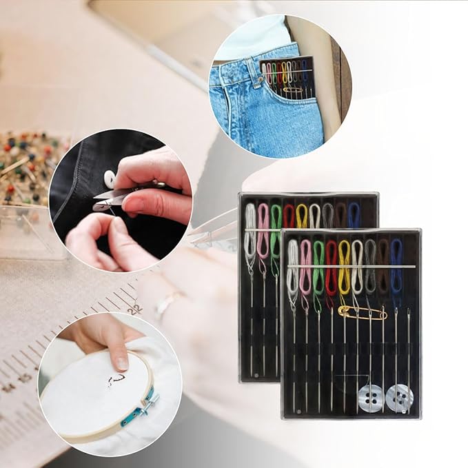 QHAJRYYC 2 Boxes Easy Pre Threaded Needle Kit, Prethreaded Sewing Kits, Small Home Travel Sewing Box with Pin Button, Box Each Box with 10 Pieces (Assorted Colors)