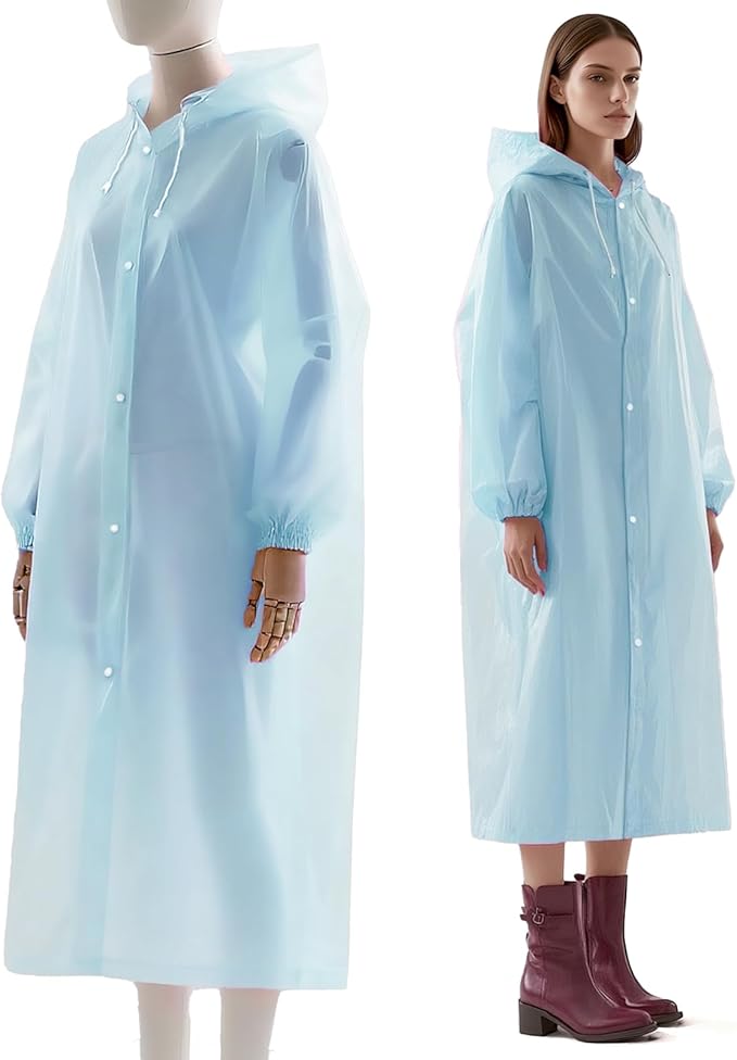 Rain Ponchos for Adults Reusable Rain Coats with Hood and Drawstring Thicken Ponchos Waterproof for Women(Light Blue)