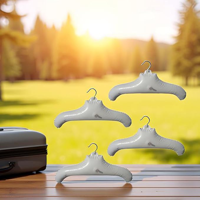 Inflatable Hangers for Travel X 4 in White Round Shoulder, Air Blow up Clothes Drying Hangars with Metal Hook, Compact, Space Saving, Foldable, Portable, Non Slip for Hand Wash Laundry
