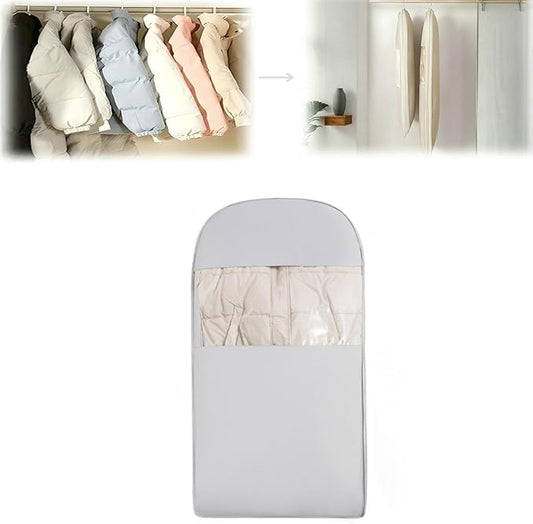 Space Saving Hanging Garment Bag with Self Compression Zipper, New Update Space Saver Clothes Storage Organizer, Dust Cover Clothes Bags for Down Coat Suit Dress or Jacket (Gray, L)