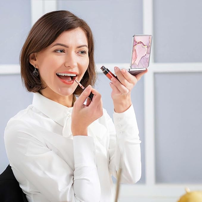Pocket Mirror, Small Travel Mirror with Magnification, Portable Double-Sided Magnifying Cosmetic Mirror for Daily (Pink + Purple Marble)