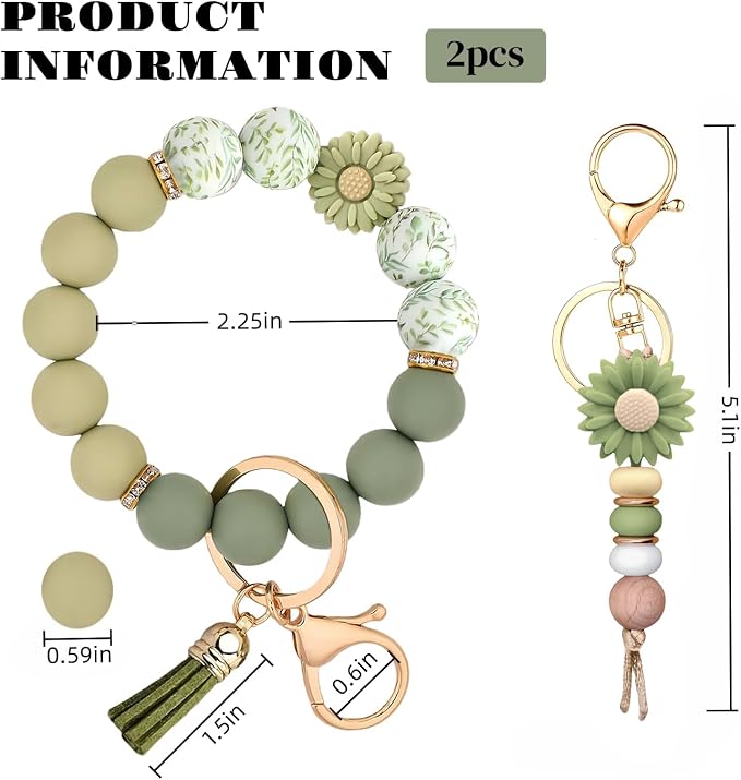 2PCS Bracelet Key Ring Set, Cute Car Key chain Wristlet, Silicone Beaded Bangle keyChains for Women Girls