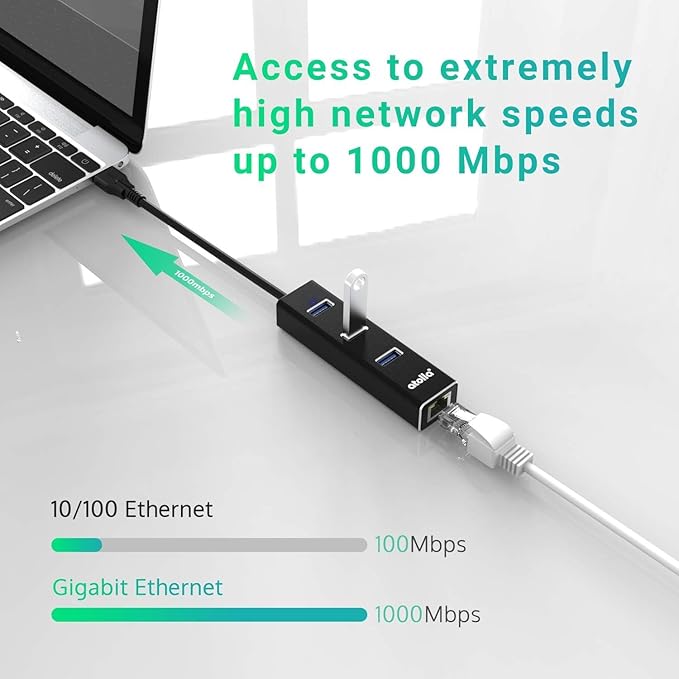 USB 3.0 Hub with Gigabit Ethernet — 3-Port SuperSpeed USB-A Hub + USB-C Adapter, 5Gbps Data Transfer, Plug-&-Play, Aluminum Design — Compatible with MacBook Pro/Air, Dell XPS, Surface, Chromebook