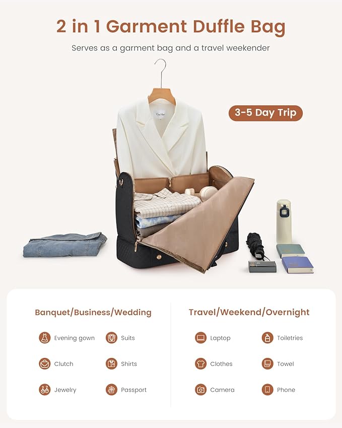 LOVEVOOK Convertible Garment Bag for Travel with Shoe Compartment, Carry On Garment Duffel Bag with Toiletry Bag, 2 in 1 Hanging Suitcase Suit Bag, Weekender Bag for Women Travel, Wedding, Black