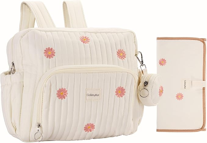 GOBABYMART Diaper Bag Backpack, Medium Maternity baby bag & Changing Pad, Insulated Pockets, Stroller Straps & Pacifier Case (Medium - Beige Flowers)