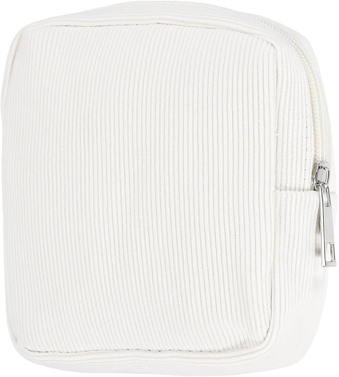 uxcell Period Bag for Teen Girls Women, Portable Corduroy Sanitary Towel Compact Cute Pouch with Zippers, Small Pouch Napkin Storage Pads Holder for Travel, Daily Use, Purse, Beige