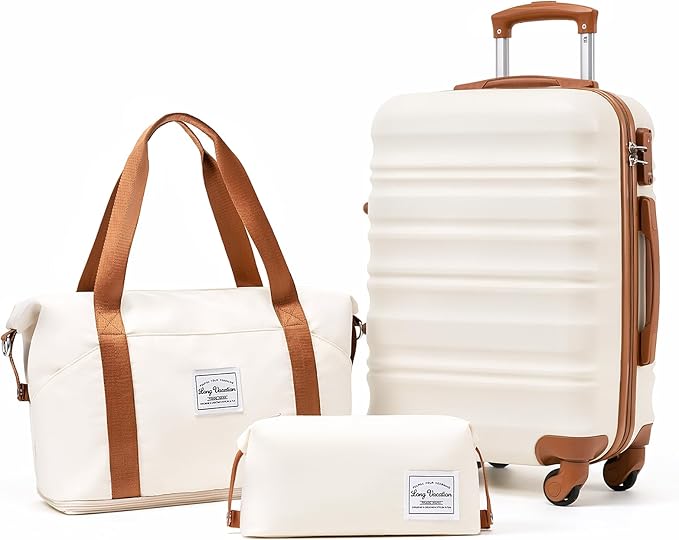 LONG VACATION Carry On Luggage Sets 3 Piece 20 Inch Suitcase Set, ABS+PC Hardshell Lightweight Travel Luggage with Spinner Wheels & YKK Zipper TSA Lock (BEIGE-BROWN, 20 Inch)