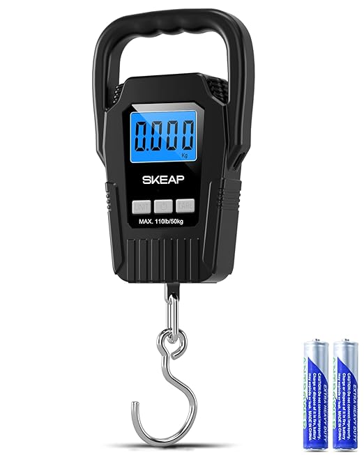 Digital Fish Scale Hanging Scale Fishing Scale, SKEAP 110lb/50kg Luggage Scale,Fish Weighing Scale, Upgrade Large Handle & Backlit LCD Display, Black,Fishing Gifts for Men,Black