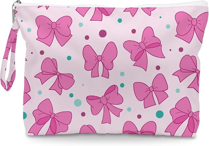 Fokongna Cute Print Wet Bag, Small Portable Waterproof Multi-Functional Organizer for Women, Pink Bow Polka Dot, Ideal for Daily, Beach & Travel