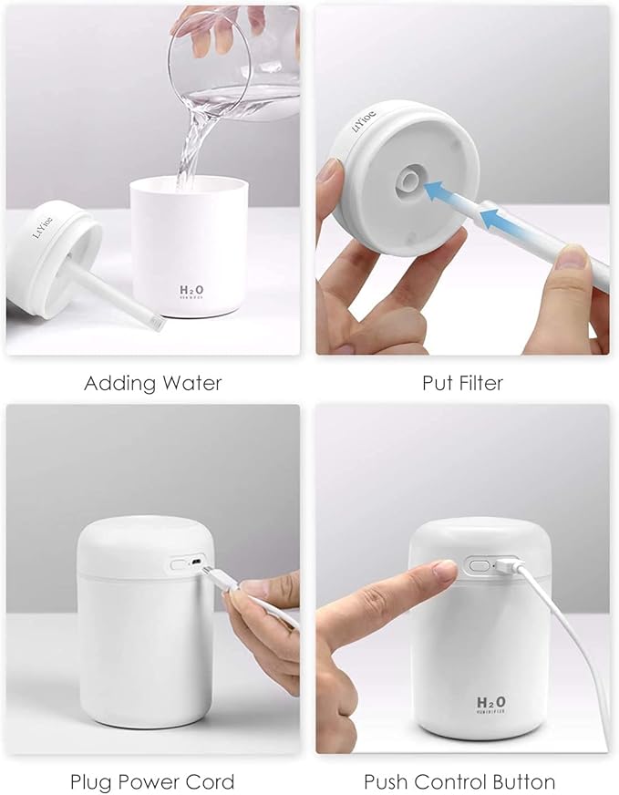 Colorful Cool Mini Humidifier, Essential Oil Diffuser, Aroma Essential USB Personal Desktop Humidifier for Car, Office Room, Bedroom etc,2 Adjustable Mist Modes (White)