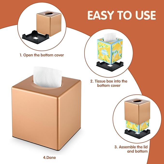 Y-in Hand Tissue Box Cover, Decorative Square Facial Storage Tissue Box Holder, Home Accessories for Bathroom Vanity Countertops, Dressers, Night Stand, Parlors and Office (Camel Rose Gold)