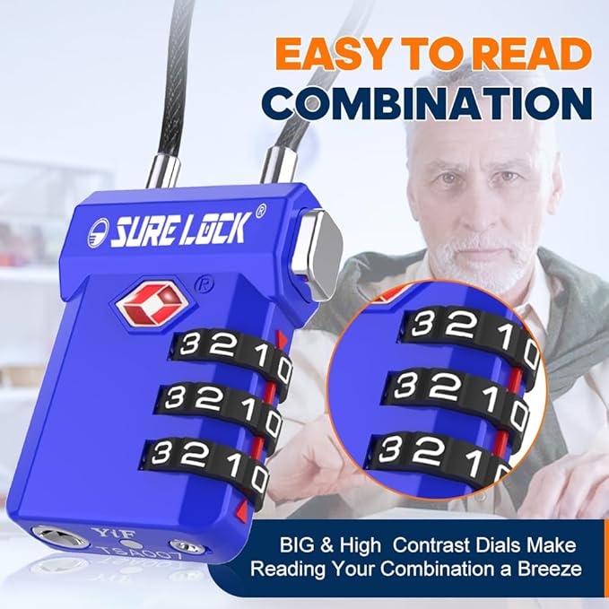 SURE LOCK TSA Approved Luggage Locks with Open Alert Indicator, 3 Digit Combination Cable Travel Lock for Suitcase, Backpack, Gym Locker, Toolbox, Carry On & Travel Bag