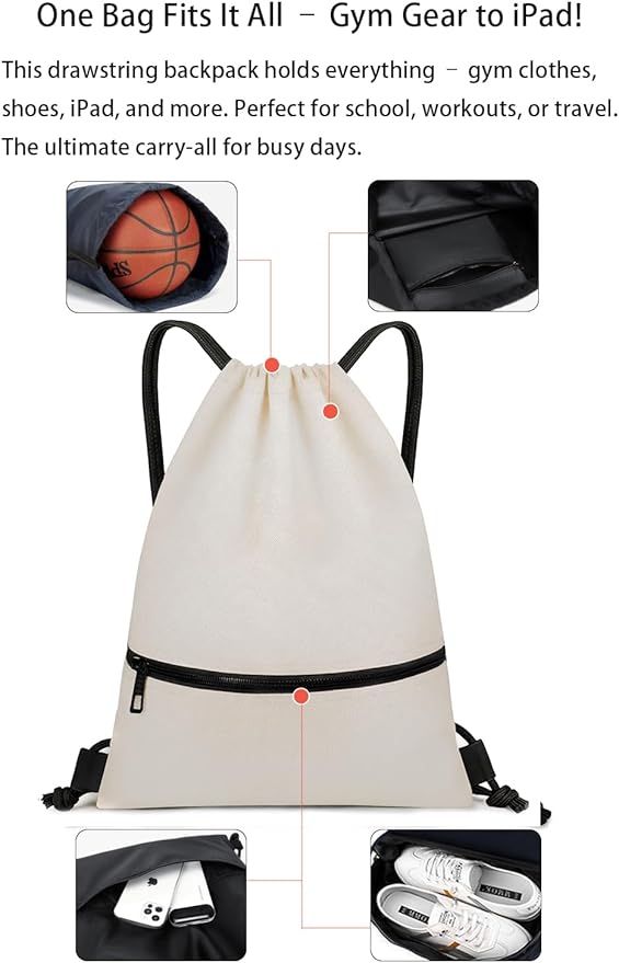 Large Drawstring Gym Bag Beach Backpack Waterproof - Customized Oversized Drawstring Beach Bag with Shoe Compartment for Toiletries, Towels, Gym, Travel(Beige,16.5 * 19 inches)