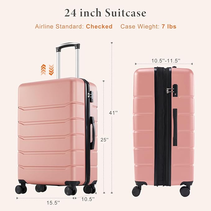 Sweetcrispy Carry on Luggage, Hard Shell ABS Suitcase with Double Spinner Wheels, Lightweight Expandable Rolling Suit Case with TSA Lock, 24 Inch Pale Pink