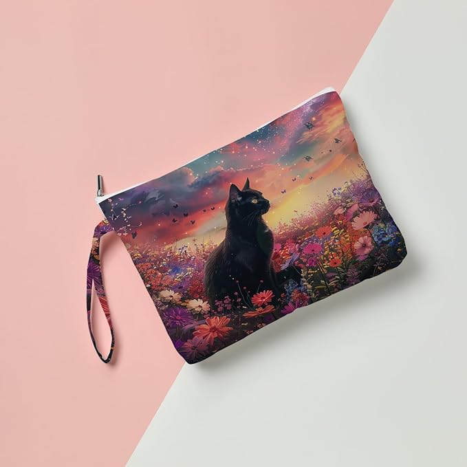 Fokongna Black Cat Print Wet Bag, Small Portable Waterproof Multi-Functional Organizer for Women, Sunset Galaxy Floral Black Cat, Ideal for Daily, Beach & Travel