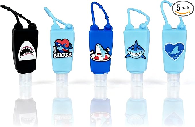 5-Pack Kids Cartoon Hand Sanitizer Holder (No Sanitizer Included), 30ml Refillable Travel Bottles with Silicone Case, Leak-Proof for Lotion & Liquid Soap (Sharky Splash)