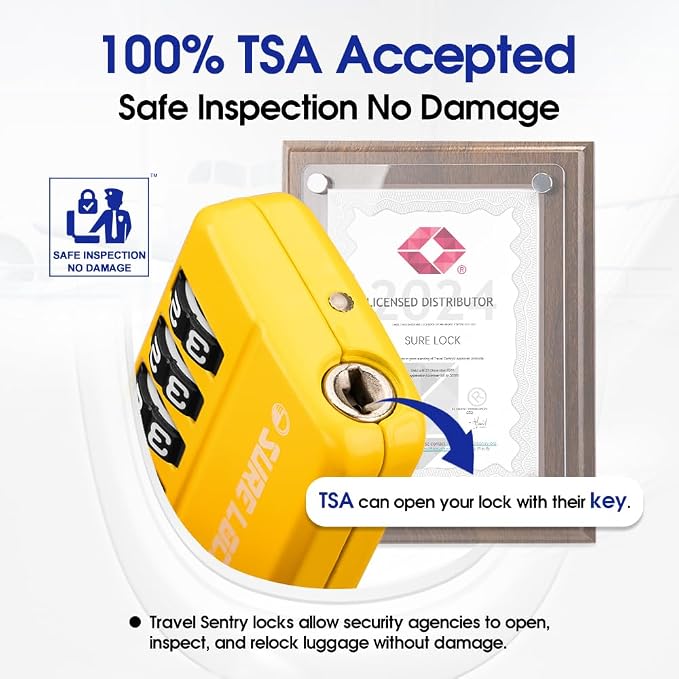 SURE LOCK TSA-Approved 4-Digit Resettable Combination Lock with Open Alert, Easy-Read Dials - for Luggage, School Lockers, Gym, Office, Toolbox & Security Cases (Yellow 2 Pack)