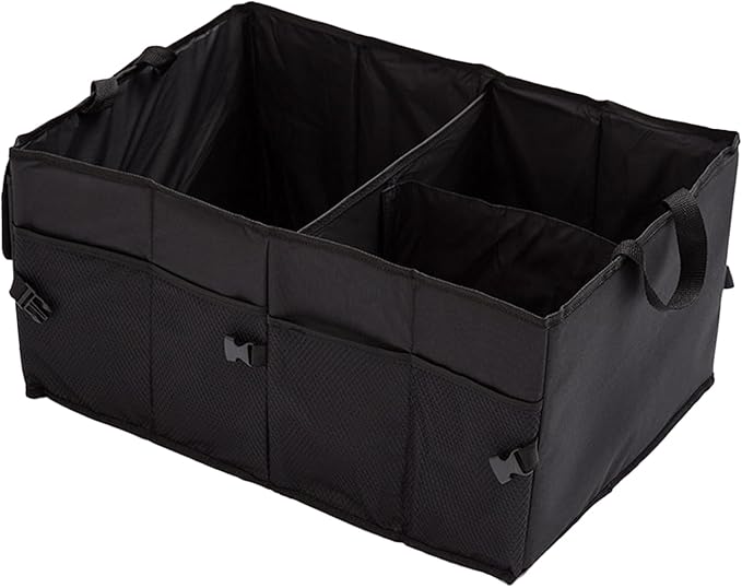 Trunk Organizer for Car Foldable Sturdy Style with 3 Compartments Holds Auto Accessories Tools Automotive Consoles and Organizers For Vehicle Trunk Storage (Black)