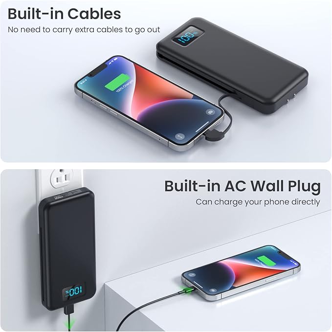 Portable Charger for iPhone with Built-in Cables and Wall Plug,Upgraded 13800mAh Fast Charging USB C Power Bank,4 Outputs Slim Travel Essential Battery Pack for iPhone 17/16/15/14/13,Galaxy,Android