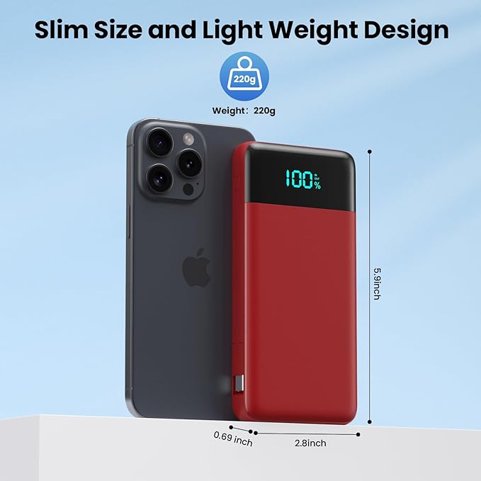Portable Charger for iPhone with Built in Cables and Wall Plug,Upgraded 13800mAh Fast Charging USB C Power Bank,4 Outputs Travel Essential Battery Pack Compatible with iPhone 15/14/13/12,Galaxy-Red