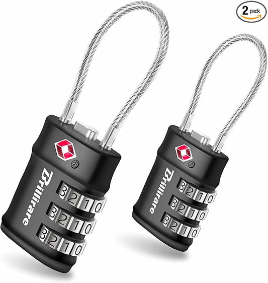 2 Pack TSA Approved Luggage Locks, Combination Travel Cable Lock, 3-Digit Waterproof Padlock, Zinc Alloy Outdoor Keyless Resettable Lock for Travel, Lockers, Bags, Backpack, Gym, Gate-by BRILLIRARE