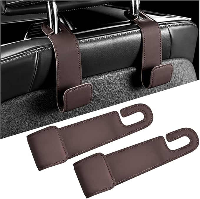 2PCS Car Seat Headrest Hook, Leather Vehicle Seatback Organizer Hanger for Hanging Purses Bags Coats, Auto Seat Back Storage Hook Accessories, Universal for SUV, Sedan, Truck (Brown)