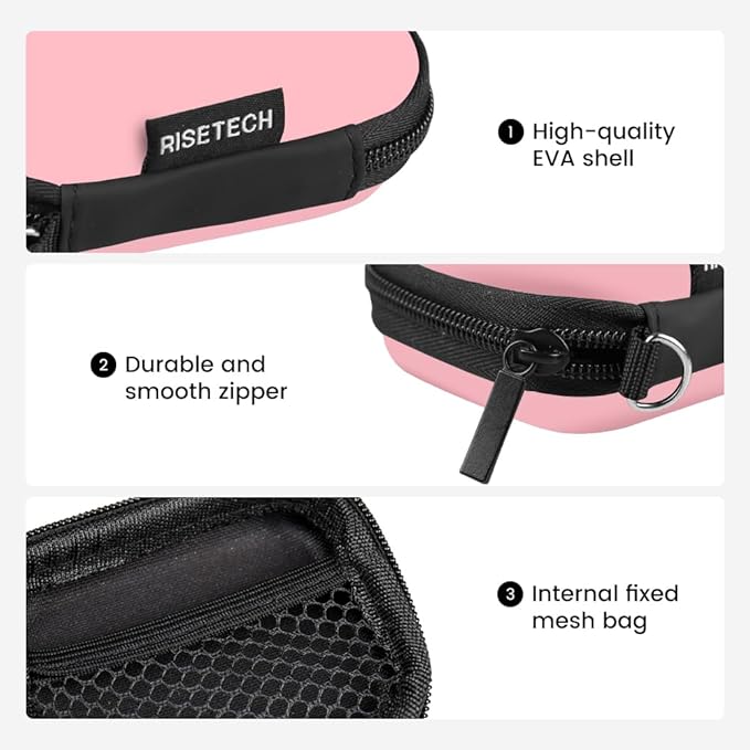 Earbud Case Holder, RISETECH Hard Earphone Travel Case Zipper Pouch Compatible with Wired Earbuds, TAGRY X08, Btootos A90 Pro, in Ear Monitor -Pink