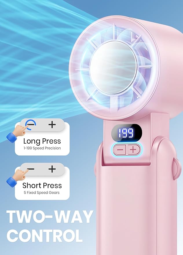 Portable Handheld Turbo Fan, 1-199 Speed Adjustable with LED Display, High-Power Motor, Rechargeable Battery, 4 IN 1 Pocket Design Mini Fans for Indoor/Outdoor/Travel/Work, Pink
