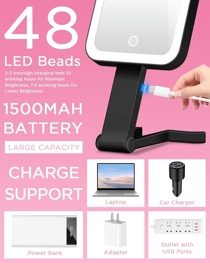 EAONE Magnifying Mirror with LED Light, Double Sided Travel Makeup Mirror 10X/1X with Storage Bag, 3 Color Lighting & Dimmable Touch Screen for Trip, Desk, Bathroom (10.3 x 5.2IN)- Black