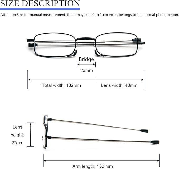 2 Pack Folding Reading Glasses Stainless Steel Mini Anti-Blue Light Blocking Reader for Men Women