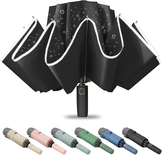 Fogkey Large Windproof Travel Umbrella - Reverse Auto Folding Car Umbrella for Rain and Sun, Compact Inverted Design with Waterproof Canopy, 10 Durable Ribs, Fits Backpack, Portable for Women & Men