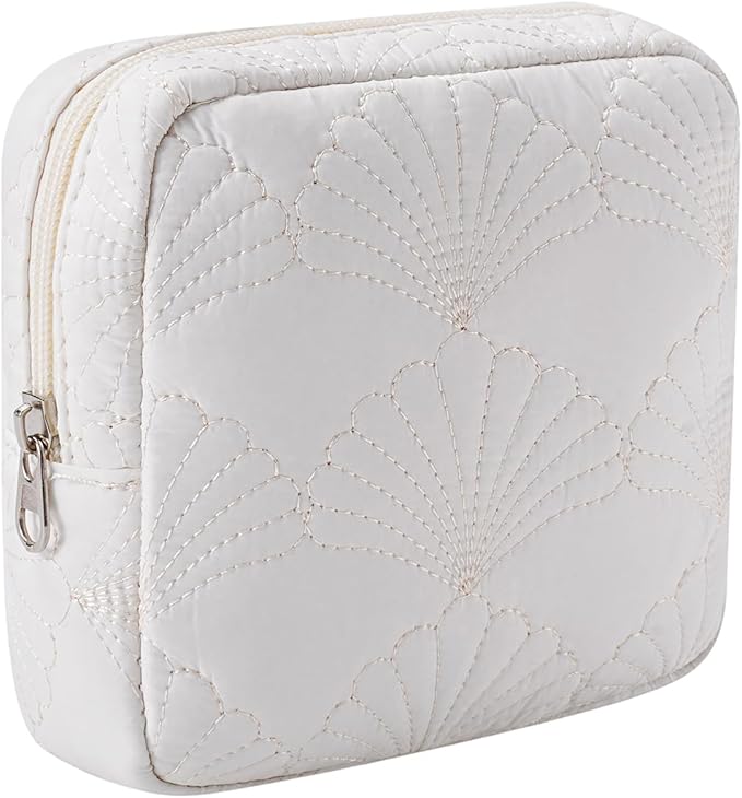 RSRSLEII Small Quilted Cosmetic Pouch for Purse, Mini Cotton Makeup Bag with Compartments, Cute Zipper Lipstick Holder for Women (16Seashell)