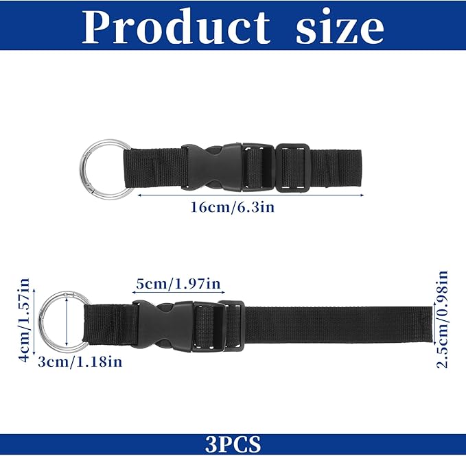 3 PCS Luggage Straps, Black Adjustable Luggage Connector Straps Heavy Duty Travel Belt with Metal Ring Hooks for Outdoor Travels Airport Connecting Luggages and Jackets